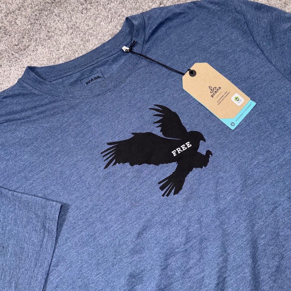 prAna Freebird Journeyman Tee Mens Graphic Slim Fit Denim Heather XXL NEW
